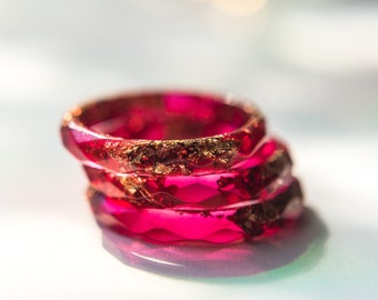 Dark red faceted resin ring with gold flakes, thin stacking band for women minimalist