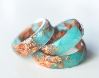 Aquamarine resin ring with rose gold flakes, Stacking Rings for women,promise ring for her,unique ring,Resin Jewelry,stackable rings