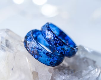 Blue Faceted Resin Ring Metallic Flakes Stacking Band Sparkly Minimalist Unisex Jewelry Gift Everyday
