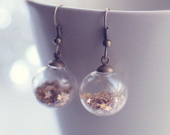 Glass Sphere Star Earrings Antique Bronze Glitter Orb Dangle Drops Celestial Galaxy Lightweight Jewelry