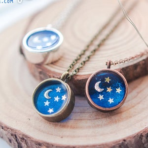 crescent moon necklace, Celestial jewelry, Stars pendant, blue jewelry, moon jewelry,galaxy jewelry,resin necklace, unique Gifts for women