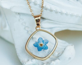 Forget-Me-Not Necklace, Real Dried Flower Resin Pendant, Gold Plated Stainless Steel Botanical Jewelry