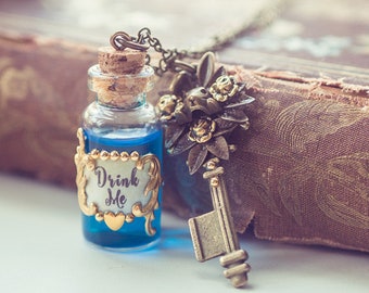 Drink Me Bottle Necklace - Potion Glass Vial Pendant with Key Charm - Fantasy Fairytale Jewelry