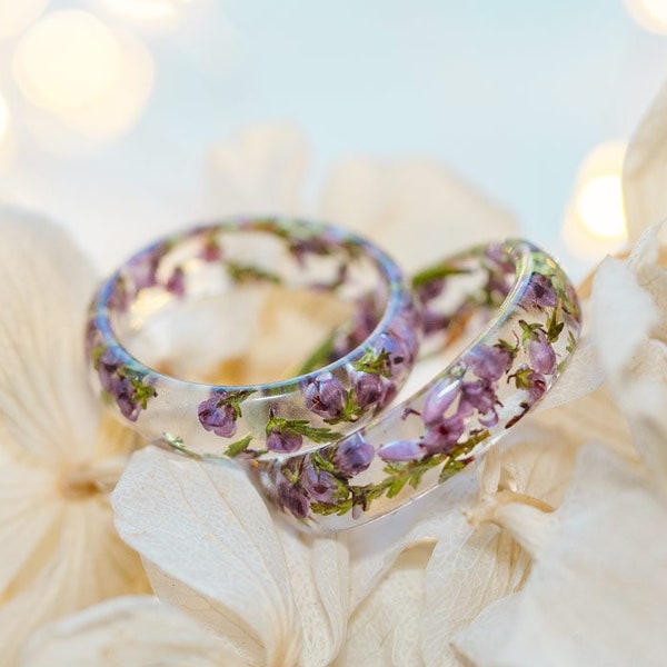 Heather Flower resin rings for women, resin flower ring, pressed flower ring, floral ring, nature inspired ring, cute ring gift for her