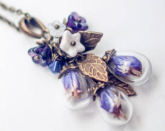 Terrarium Glass Globe Necklace, Dried purple Flowers Botanical Pendant, Bronze Leaf Nature cottagecore style