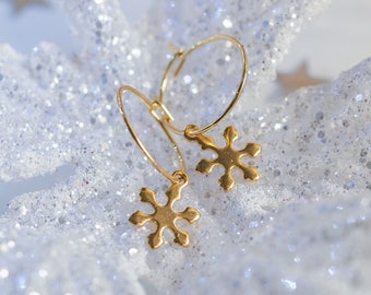 Gold Snowflake Hoop Earrings - Hypoallergenic Stainless Steel Winter Christmas Jewelry, Women Minimalist Holiday Hoops
