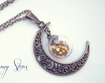 Celestial Crescent Moon Necklace, Glass Globe Glitter Stars Long Chain Pendant, Jewelry Gift