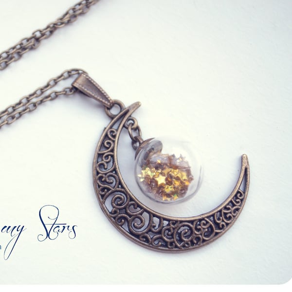 Crescent moon necklace,moon jewelry,celestial jewelry,Glass globe necklace,galaxy necklace,unique gift for women,star jewelry,christmas gift