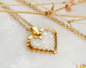 Pixel Heart Necklace Moon Stars Kawaii Gamer Girl VideoGame Jewelry Retro Gaming Celestial Pendant