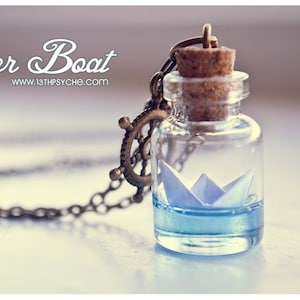 Paper boat necklace,glass vial necklaces for women, handmade gifts for her, Origami necklace,mermaid jewelry,Paper Boat bottle necklace image 1