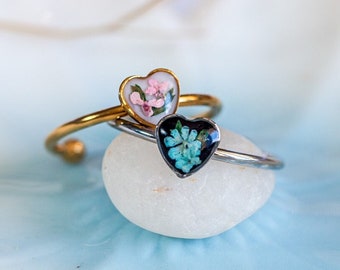 Tiny Heart Ring with Dried Flowers: Pressed Floral adjustable Stainless Steel Ring, romantic design