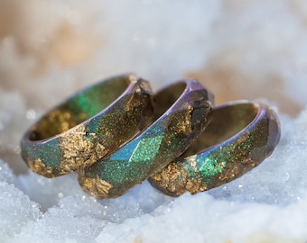 Iridescent Green Resin Faceted Ring Gold Leaf Unisex Stacking Promise Band Men Women Jewelry