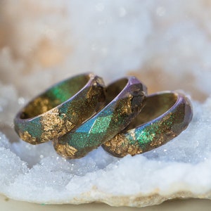Iridescent Green Resin Faceted Ring Gold Leaf Unisex Stacking Promise Band Men Women Jewelry