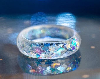 Resin Star Ring Iridescent Galaxy Band, Holographic Celestial Space Jewelry, Handmade Cosmic Winter Fairycore