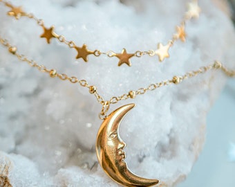 Crescent Moon Face Pendant Star Choker, Gold Stainless Steel Layered Celestial Necklace Set Women