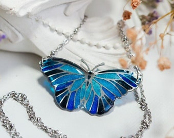 Blue Morpho Butterfly Necklace Iridescent Wing Pendant Fairycore Cottagecore Stainless Steel Jewelry Gift
