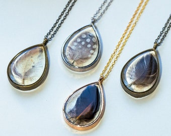 Real Feather Layering Necklace: Cottagecore Gold Resin Pendant, Dainty Bird Nature Jewelry Boho Gift