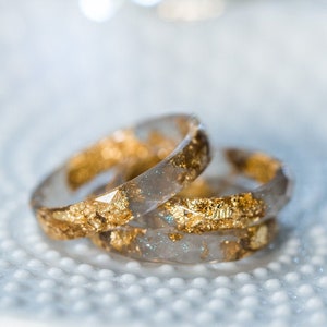 Gray Resin Ring Gold Flakes, Faceted Thin Stacking Band Minimalist Mens Wedding Alternative Jewelry