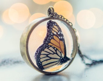 Monarch Butterfly Necklace, Cottagecore Resin Cameo Pendant, Nature Jewelry Cruelty Free gardener Gift