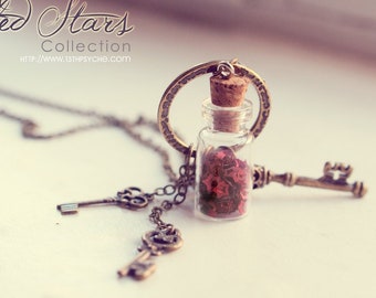 Glass Bottle Skeleton Key Charm Necklace Glitter Stars Vial in Pendant Boho Steampunk Jewelry