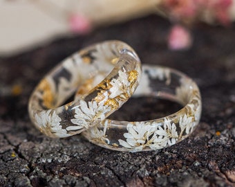 White Gold Resin Ring Pressed Flowers Thin Band Nature Inspired Cottagecore Promise Jewelry