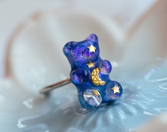 Moon and stars gummy bear ring, candy bear ring, Kawaii ring, cute adjustable ring, candy ring,gummy jewelry, Celestial inspired jewelry