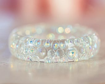 Iridescent Bubble Resin Ring, Clear Holographic fantasy Band, Handmade Fairy Y2K Stacking statement Gift