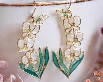 White Orchid Resin Dangle Earrings, Botanical Wedding Jewelry with Gold Silver Stainless Steel Hooks