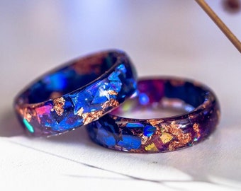 Iridescent Dark Blue Purple Resin Ring, Fairy Thumb stacking Promise band, Unique Unisex Jewelry
