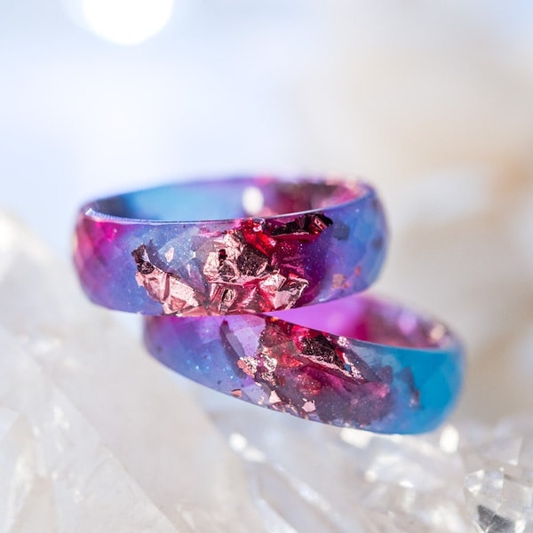 Bague en résine bleue et fuschia avec flocons d'or, bagues de pouce pour femme, bague de fiançailles unique, bague de promesse pour elle, alliance, bijoux en résine