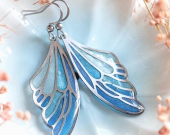 Iridescent Blue Butterfly Wing Resin Earrings, Fairycore Fantasy Jewelry Handcrafted Nature Inspired