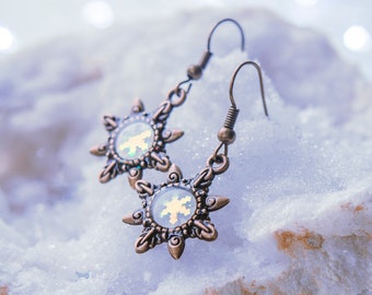 Winter Snowflake Earrings with Resin Star - Handmade Holiday Jewelry Snow Inspired Bronze women gift