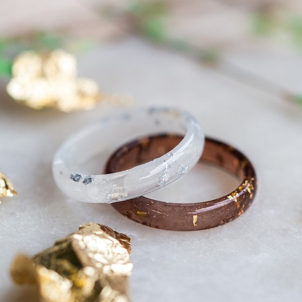 Stacking white and brown resin ring set with metal flakes, couple rings, matching rings,cute rings for women, Resin Jewelry, thin band rings