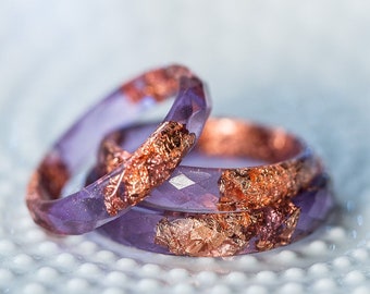 Purple resin ring with rose gold flakes,Unique Rings for women, promise ring for her, stackable mens ring,minimalist ring, resin jewelry