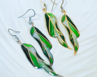 Green Leaf Earrings, Stained Glass Inspired Resin Steel Dangles, Botanical Nature Jewelry Plant Lovers