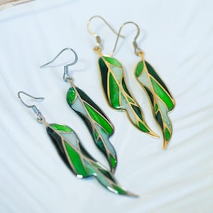 Green Leaf Earrings Stained Glass Inspired Resin Dangles Botanical Nature Jewelry For Plant Lovers