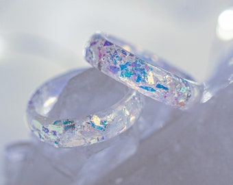 White Iridescent Resin Ring, Snow Winter Fairycore Jewelry Glitter Stacking Band, Promise Gift