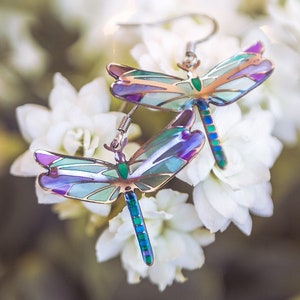 Dragonfly Earrings Stained Glass Iridescent Wing Dangle Nature Boho Garden Gift Hypoallergenic Jewelry