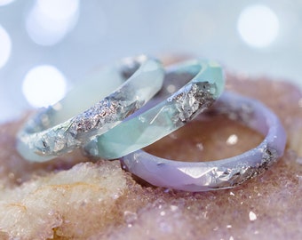 Pastel purple mint blue and silver flakes resin ring set,Stacking Rings for women, promise ring for her,thin rings,minimalist ring,cute ring