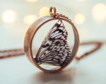 Paper Kite butterfly pendant necklace, resin cameo glass dome, dainty botanical nature lover jewelry
