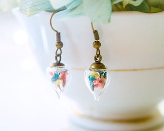 Glass Vial Dried Flower Earrings | Teardrop Bottle Dangles | Boho Nature Minimalist Real Botanical Jewelry