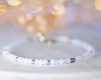 Blue Agate Gemstone Bracelet Faceted Rondelle Beads Adjustable Delicate Everyday Layering Jewelry for Women