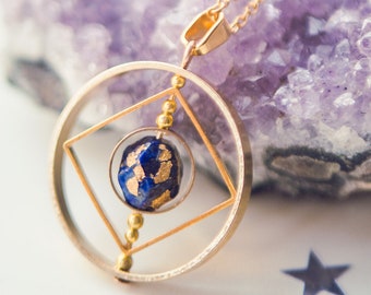 Lapis Lazuli Planet Spinner Necklace Solar System Pendant Orbit Rings Stainless Steel Chain Gold
