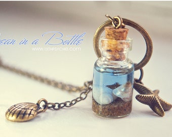 Ocean in a Bottle Necklace with Shell - Mermaid Nautical Beach Jewelry Unique mermaidcore vial