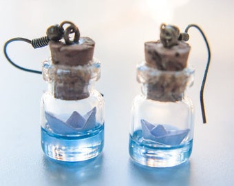 Miniature Paper Boat Bottle Earrings - Handmade Ocean Nautical Resin Jewelry Tiny Dangle Design