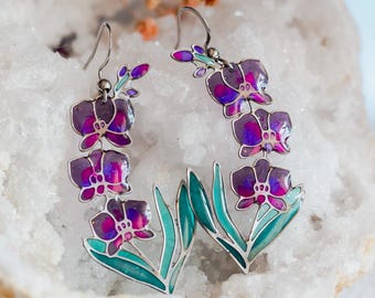 Purple Orchid Flower Resin Dangle Earrings, Stainless Steel Hooks Botanical Statement Garden Jewelry