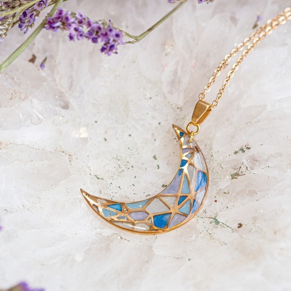 Crescent Moon necklace, gold moon pendant, astrology necklace, fairycore,Celestial inspired necklace, galaxy jewelry, unique gifts,blue moon