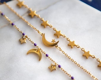 Celestial Gold Moon Stars Bracelet Set, Dainty Adjustable Silver Astronomy Charm Jewelry for Women