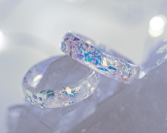 White iridescent resin ring, Snow ring, cute unique ring, winter rings for women, fairy ring fairycore,  promise ring for her, Resin Jewelry