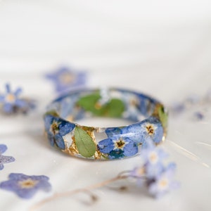 Forget Me Not Resin Ring, Blue Pressed Flower Band Botanical Cottagecore Memorial Nature Handmade